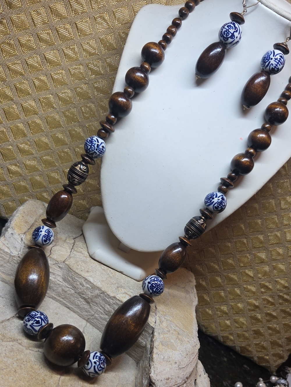 Handcrafted Wood and Blue-White Chinese Import Porcelain Bead Necklace Earrings